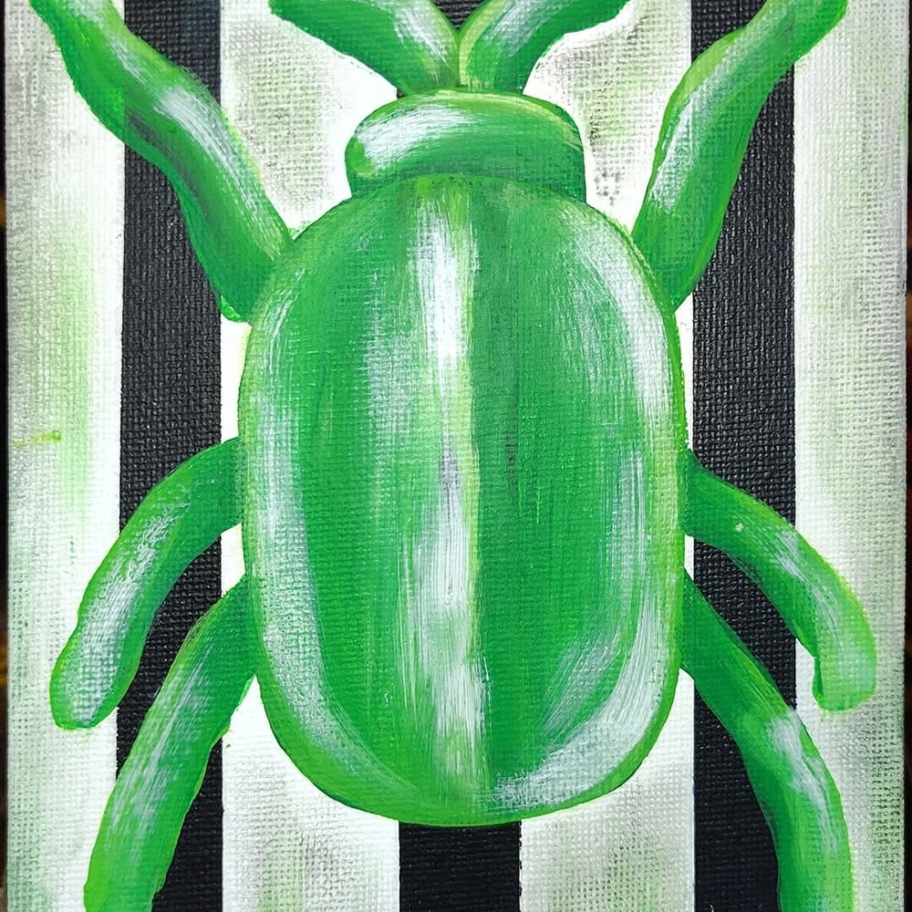 Green Beetle Art on Striped Canvas